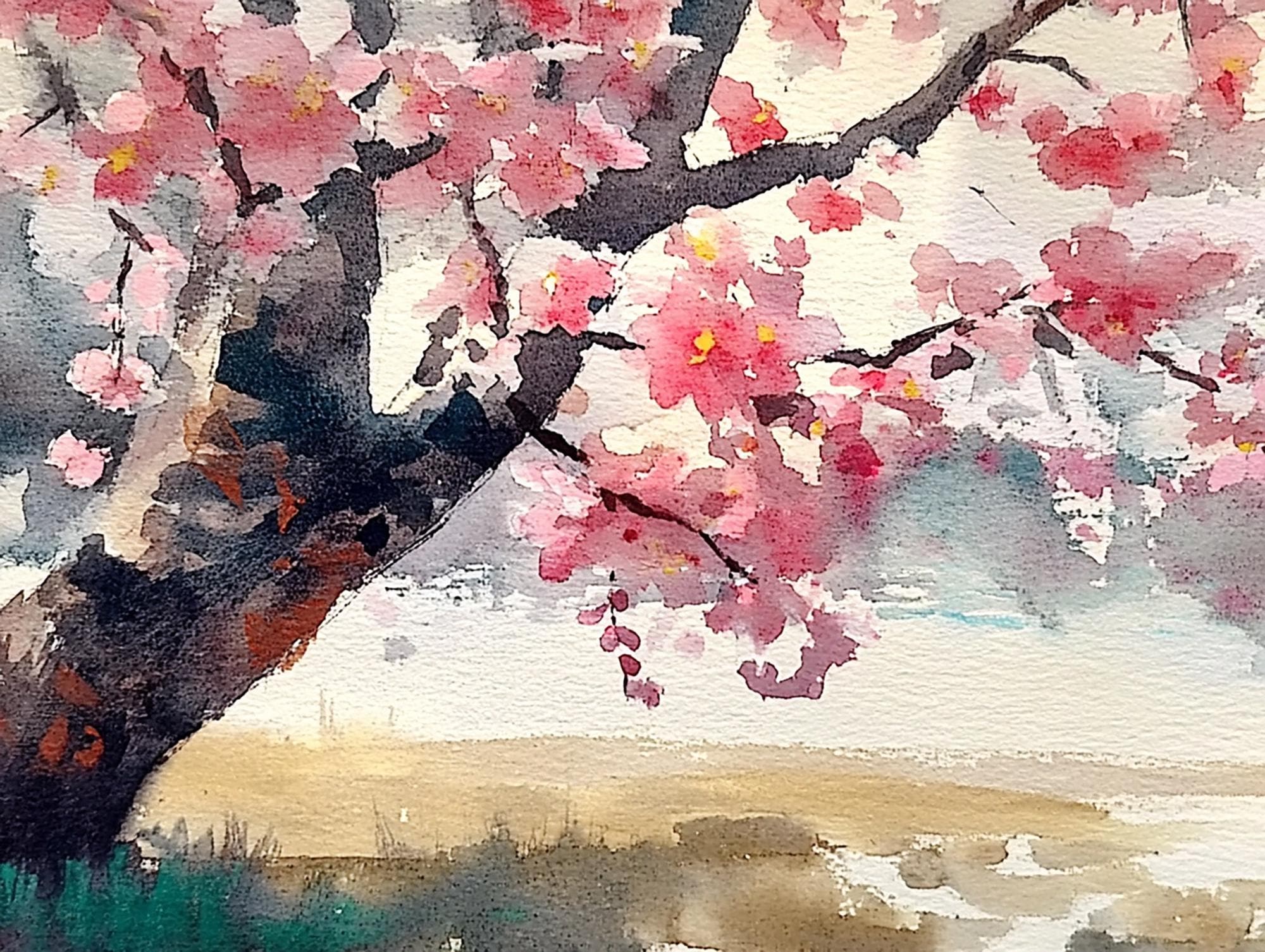 Kirschbaum Malerei Frühling Wand Kunst Sakura Aquarell