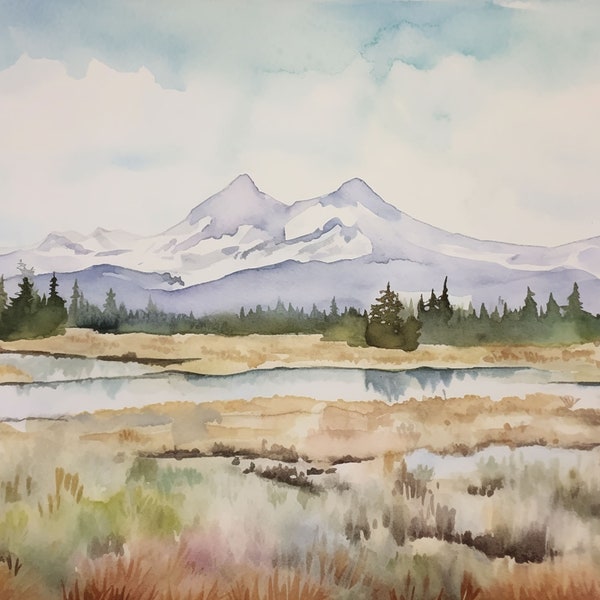 Three Sisters Mountains Painting Oregon Watercolor Art Print Mountain Valley Landscape Wall Art Nature Artwork