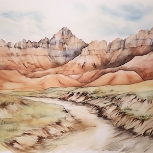 Badlands National Park Print South Dakota Landscape Watercolor Yellow Mounds Wall Art Nature Poster