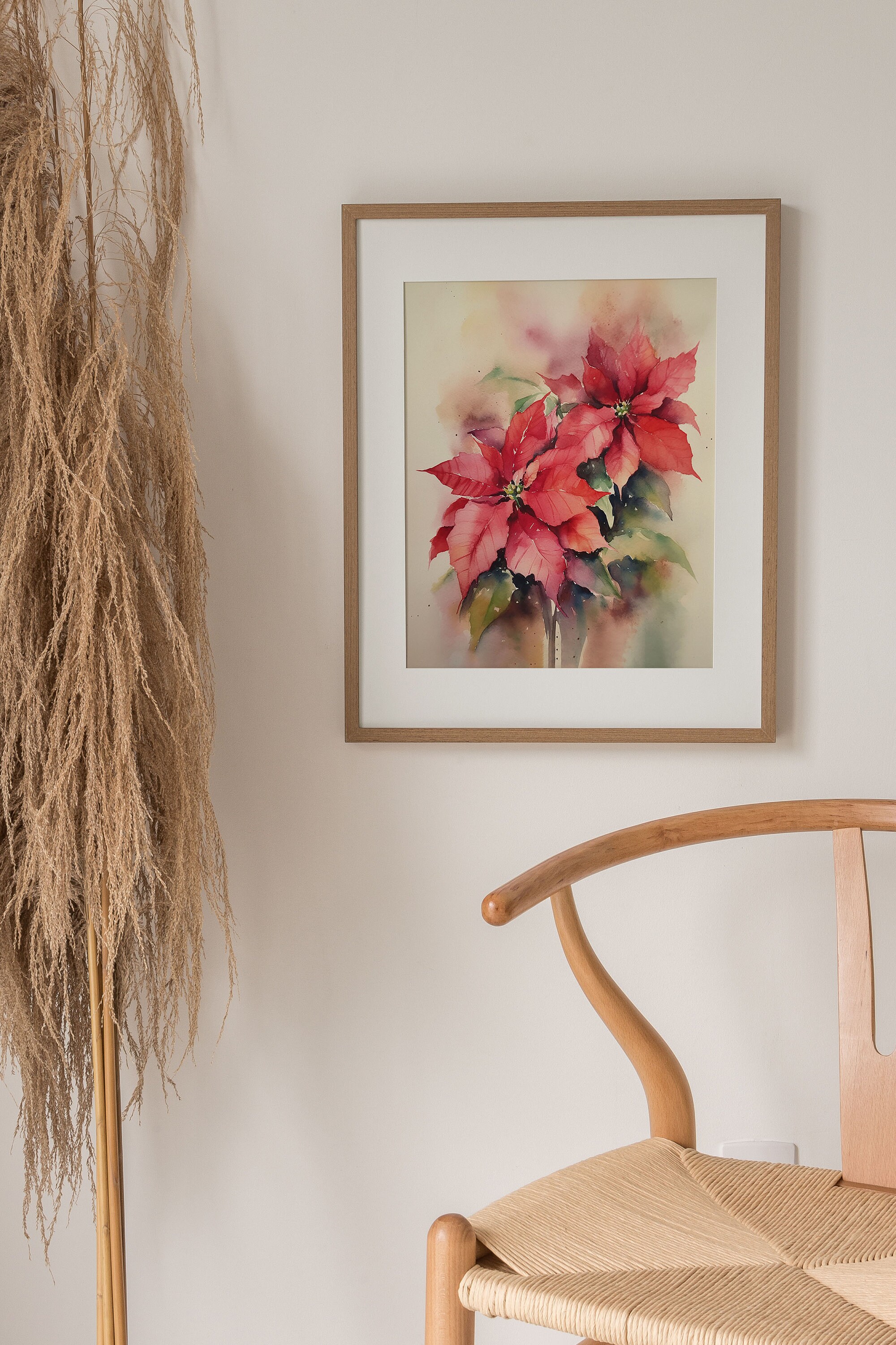 ポインセチアの絵画 クリスマスフラワー水彩画 花のアートプリント