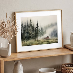 Cabin Painting Pine Forest Watercolor Art Print Idaho Landscape Large Log Cabin Wall Art image 4