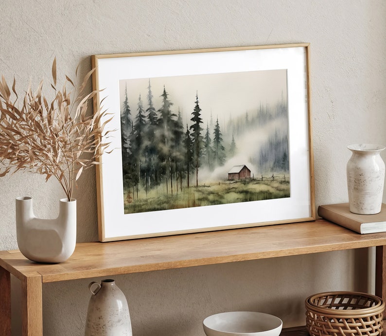 Cabin Painting Pine Forest Watercolor Art Print Idaho Landscape Large Log Cabin Wall Art image 4