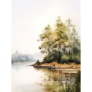 Lago Ouachita pittura paesaggio foresta di pini Arkansas acquerello arte stampa lago nebbioso poster alberi nebbiosi opere d'arte