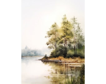 Lake Ouachita Painting Pine Forest Landscape Arkansas Watercolor Art Print Misty Lake Poster Foggy Trees Artwork