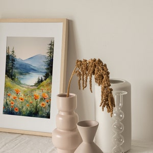 Columbia Gorge pittura ad acquerello montagna fiume stampa artistica fiori di campo stampa paesaggio foresta di pini nebbiosi stampa d'arte immagine 3