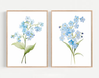 Forget-Me-Nots Art Prints Set Of 2 Botanical Watercolor Painting Blue Flowers Wall Art Floral Wall Decor