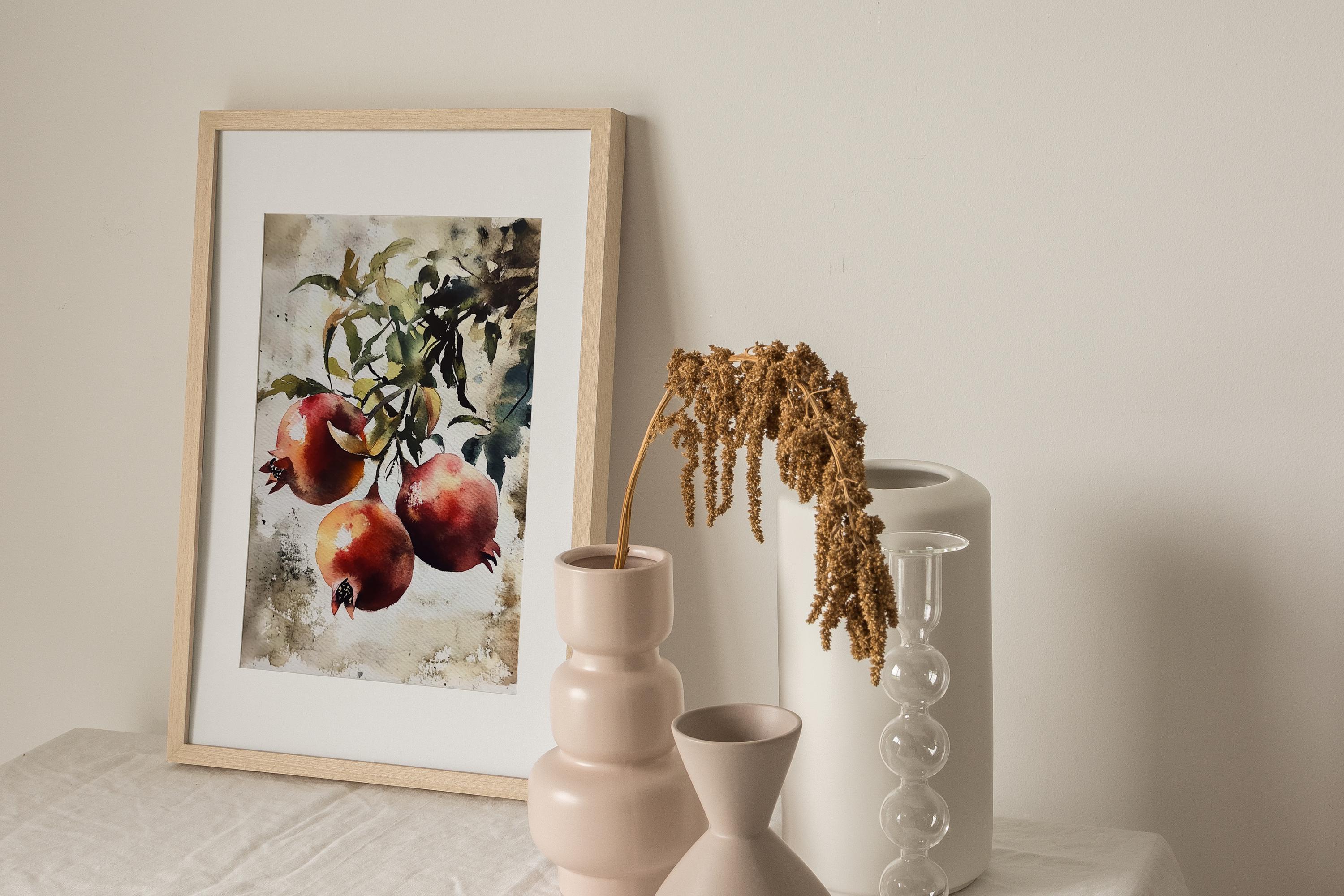 ザクロの絵画 フルーツ 水彩画 枝に実ったザクロ 壁アート 農家の