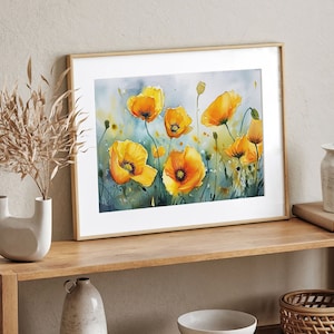May include: A framed watercolor painting of yellow poppies with green stems and leaves on a light blue background.