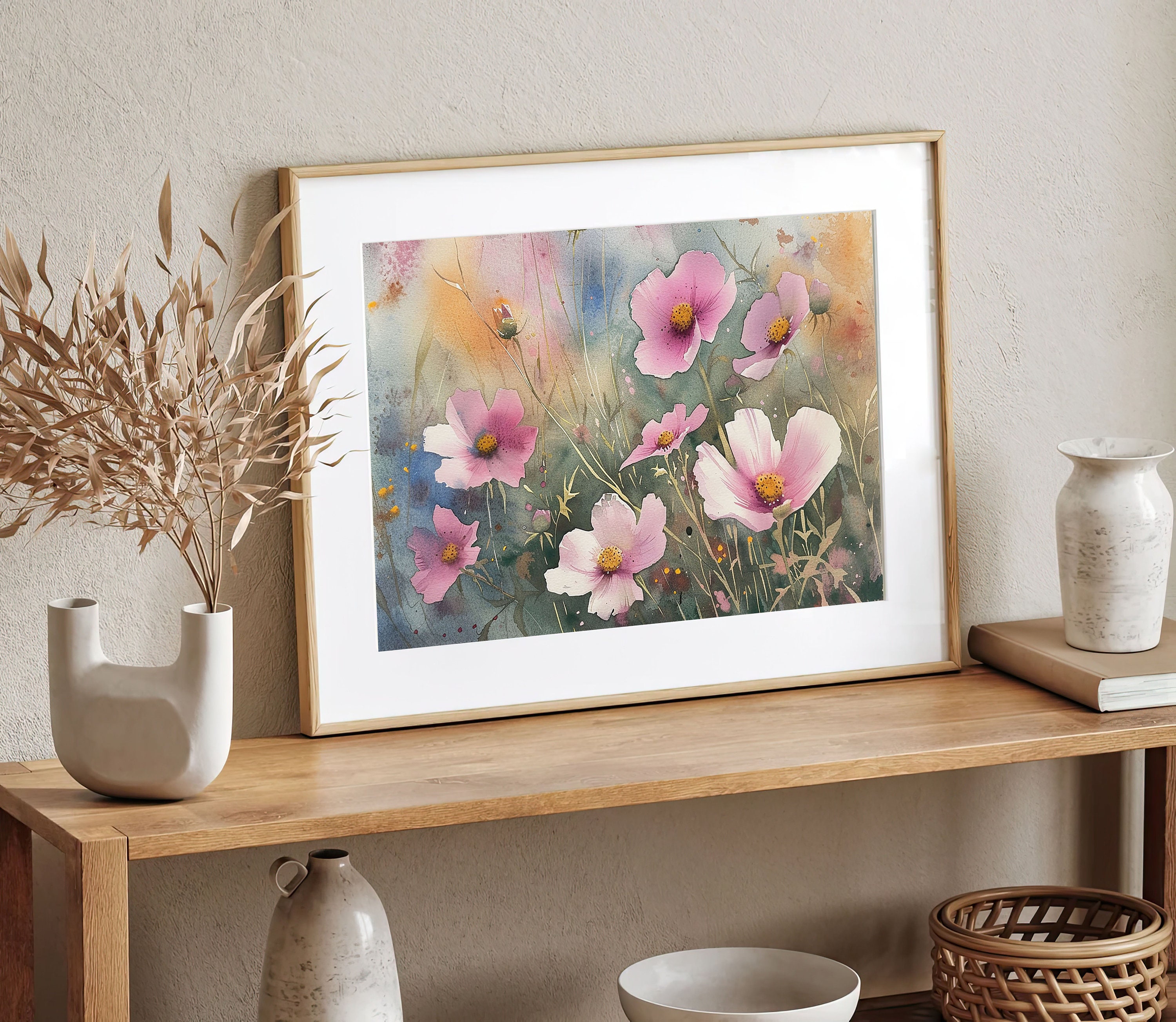 ピンクのコスモスの花の絵画 野生の花畑 水彩画 春の風景 壁アート 花