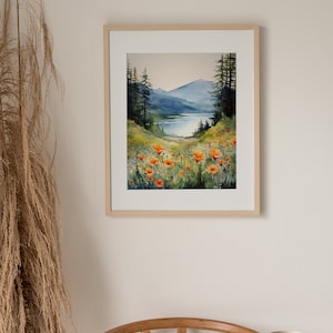 Columbia Gorge Acuarela Pintura Montaña Río Arte Impresión Flores Silvestres Paisaje Impresión Foggy Pine Forest Fine Art Print imagen 4