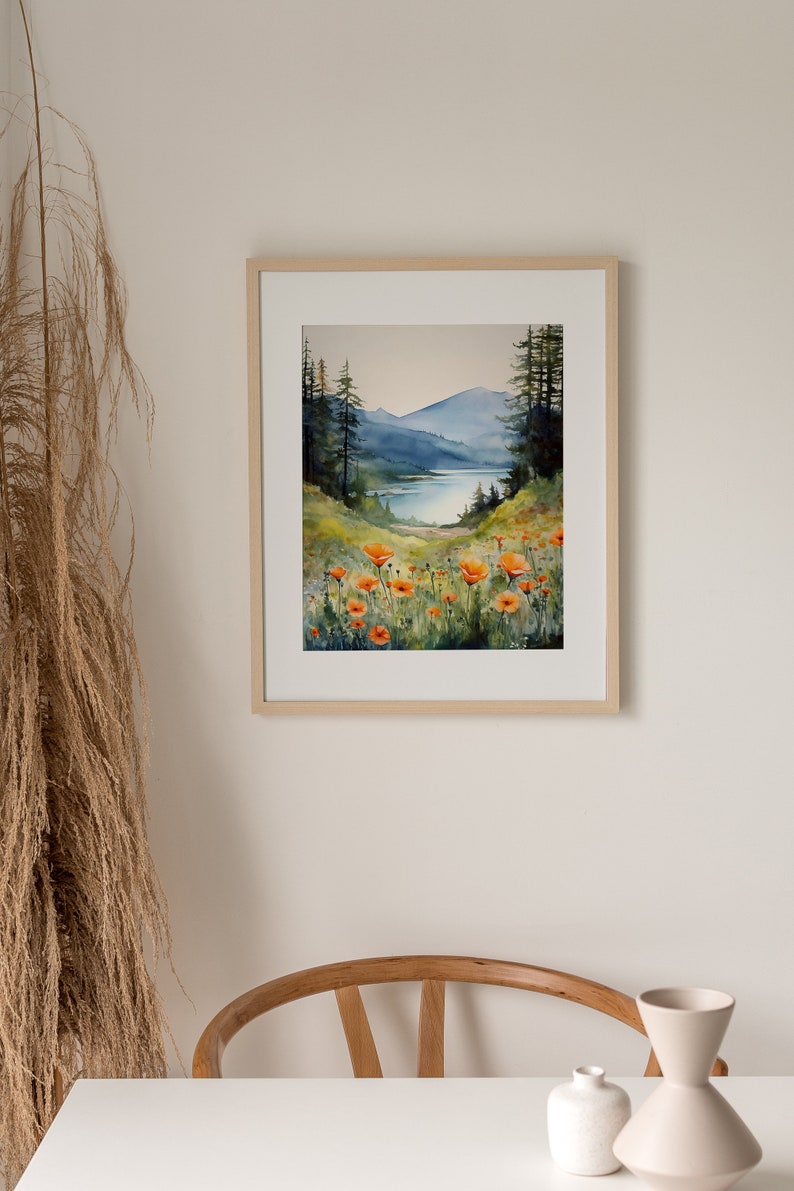 Columbia Gorge pittura ad acquerello montagna fiume stampa artistica fiori di campo stampa paesaggio foresta di pini nebbiosi stampa d'arte immagine 4