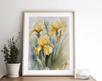 アイリスの絵画 黄色のアイリスの水彩画プリント 花の壁アート 春の花