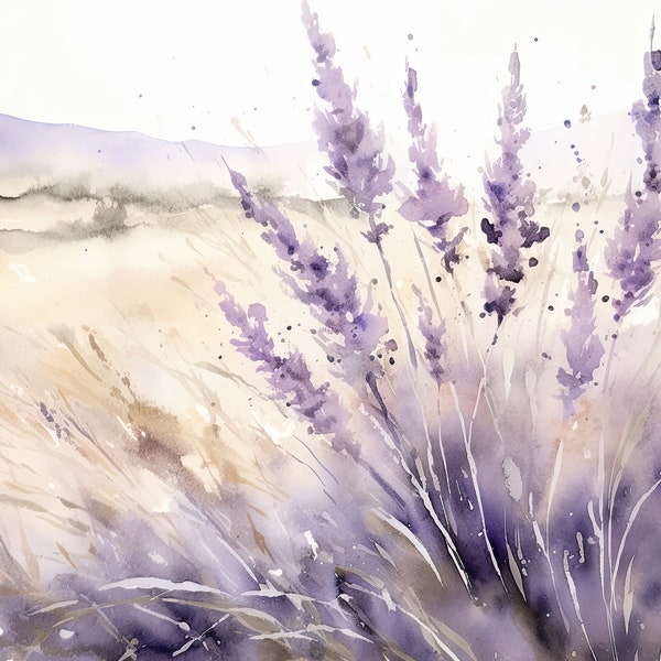 Tuscany Painting Lavender Art Print From Original Watercolor Italian Mountain Landscape Wall Art Neutral Beige Purple Print