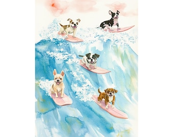 Hunde Surfen Malerei Surf Aquarell Kunstdruck Ozean Hund Wand Kunst Wellen Kunst Strand Kunstwerk Badezimmer Dekor Hunde-Liebhaber Geschenke Nautische Wand-Dekor
