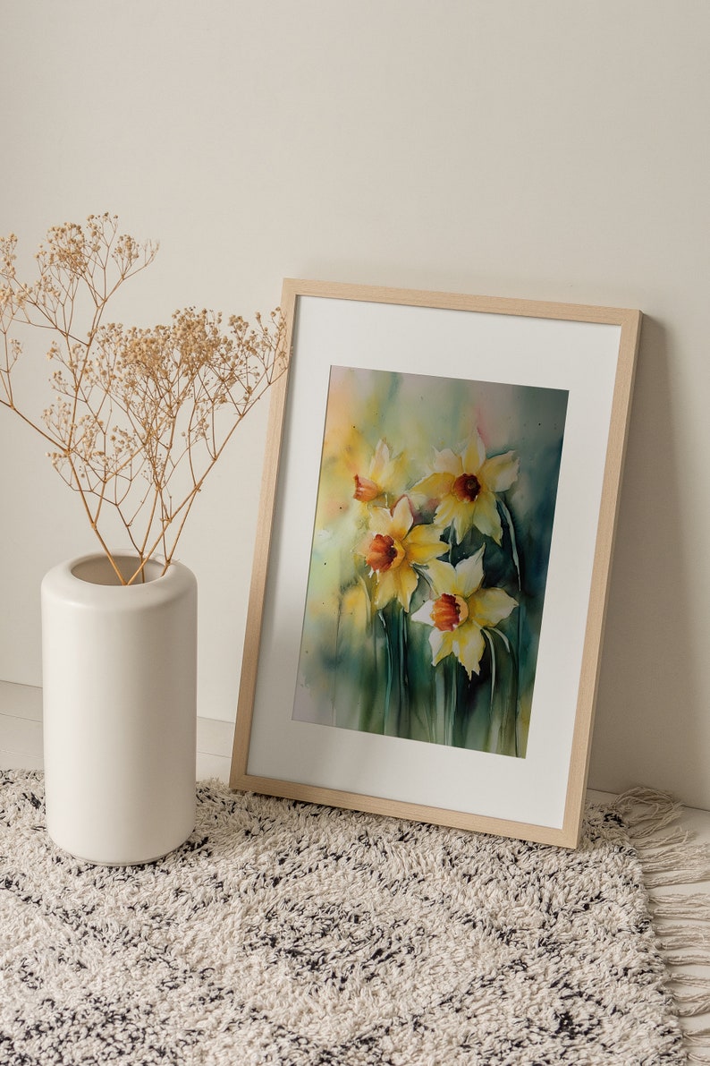 Daffodil Painting Floral Watercolor Art Print Farmhouse Wall Art Spring Flowers Poster Landscape Print