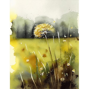 Dandelion Painting Watercolor Floral Art Print Meadow Wall Art Wildflower Watercolor Landscape Large Poster Farmhouse Wall Decor
