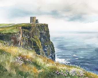 オブライエンの塔の絵画 アイルランド 水彩画 モハーの断崖 壁画