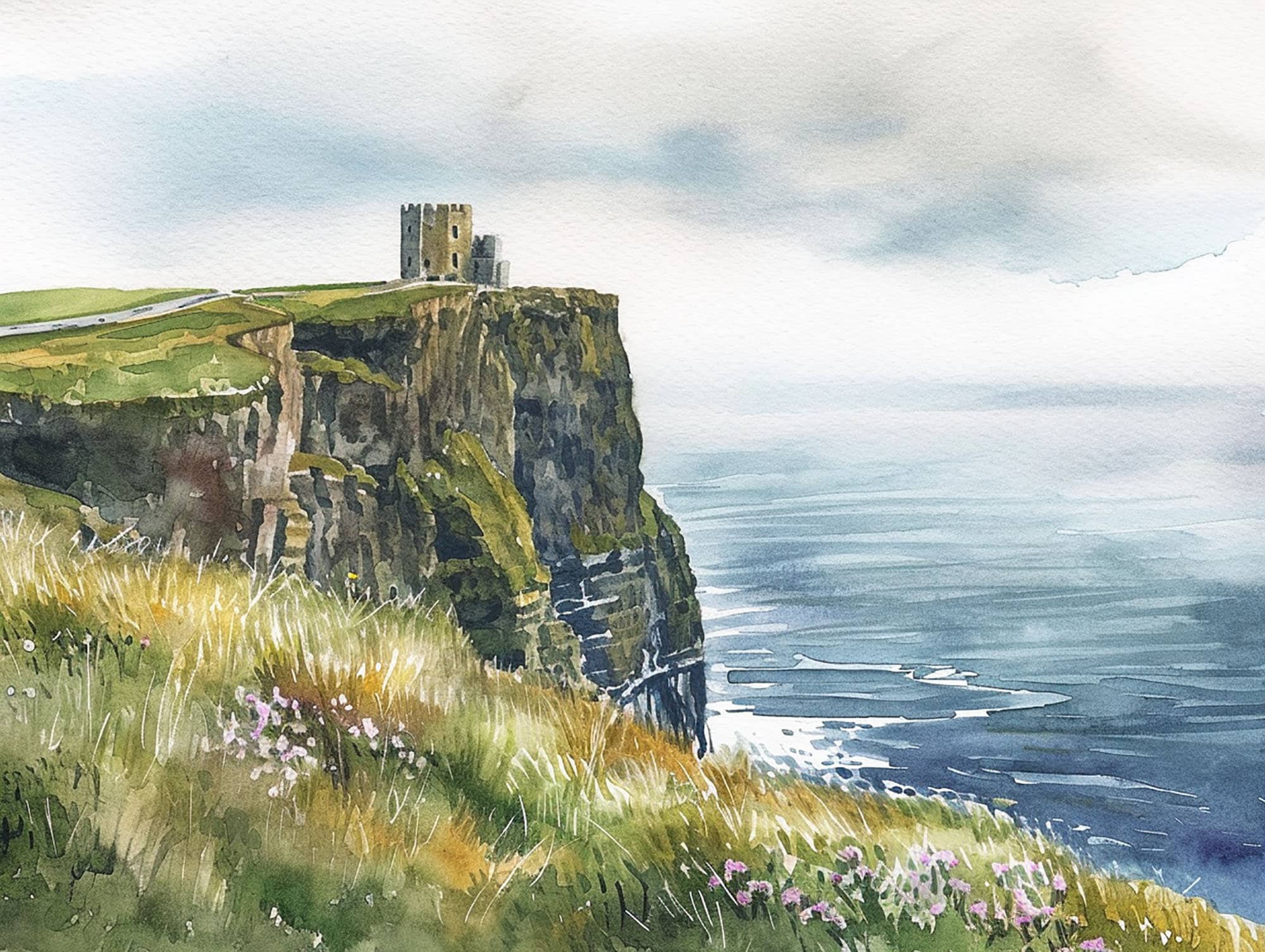 オブライエンの塔の絵画 アイルランド 水彩画 モハーの断崖 壁画