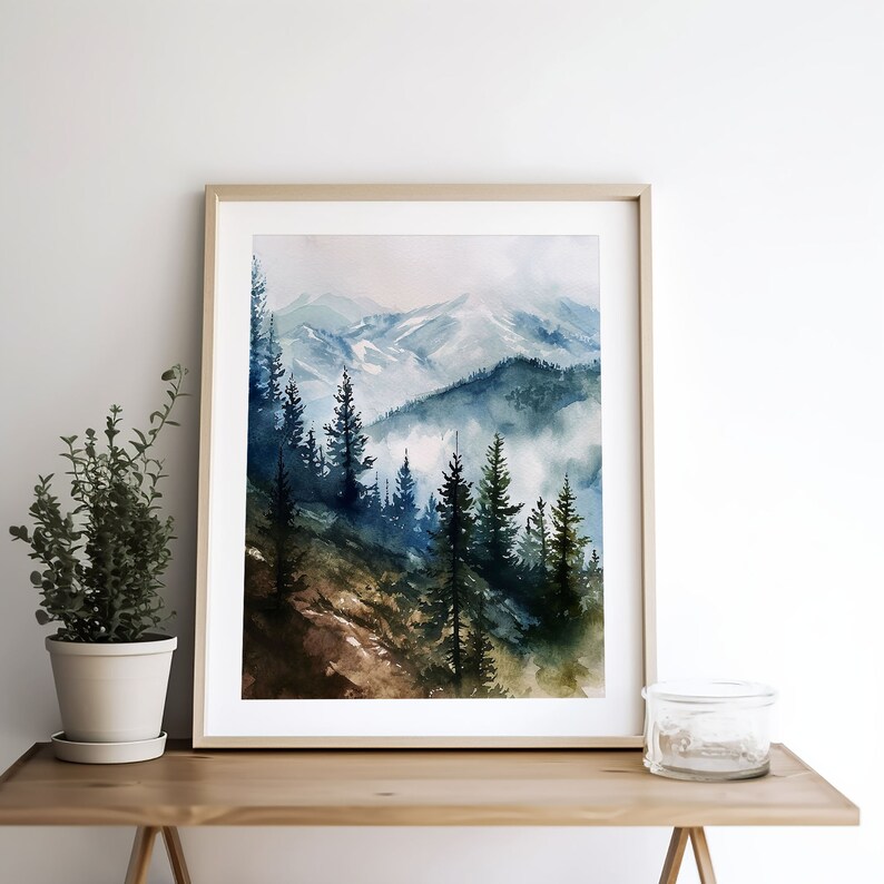 Pine Forest Painting Blue Ridge Mountains Watercolor Art Print Misty ...