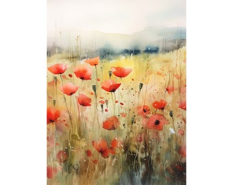 Tuscany Painting Wildflower Watercolor Art Print Poppies Field Italy Landscape Floral Poster Flower Farmhouse Wall Decor