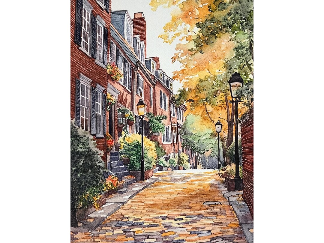 Acorn Street Painting Boston Watercolor Art Print Street Scene ...