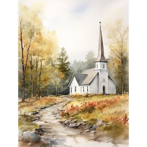 Old Country Church Art Print North Carolina Rural Landscape Watercolor Painting Fall Calming Forest Wall Art