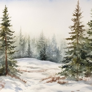 Snow Scene Watercolor Winter Landscape Art Print Idaho Painting Snowy Pine Trees Wall Art Christmas Artwork