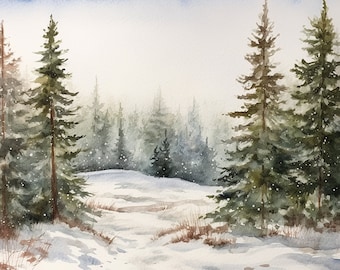 Scène de neige aquarelle paysage d'hiver impression d'art Idaho peinture pins enneigés art mural oeuvre de Noël