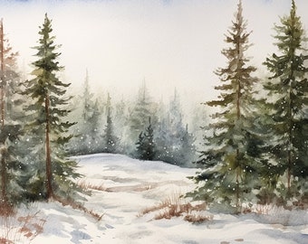 Scène de neige aquarelle paysage d'hiver impression d'art Idaho peinture pins enneigés art mural oeuvre de Noël