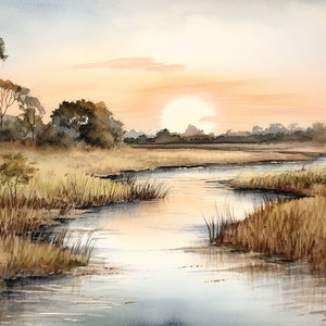 Wetland Painting Florida Watercolor Art Print Coastal Wall Art Southern Landscape Artwork Sunset Artwork