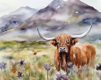 Highland Cow Watercolor Painting Isle of Skye Art Print Scotland Mountain Landscape Thistle Meadow Wall Art