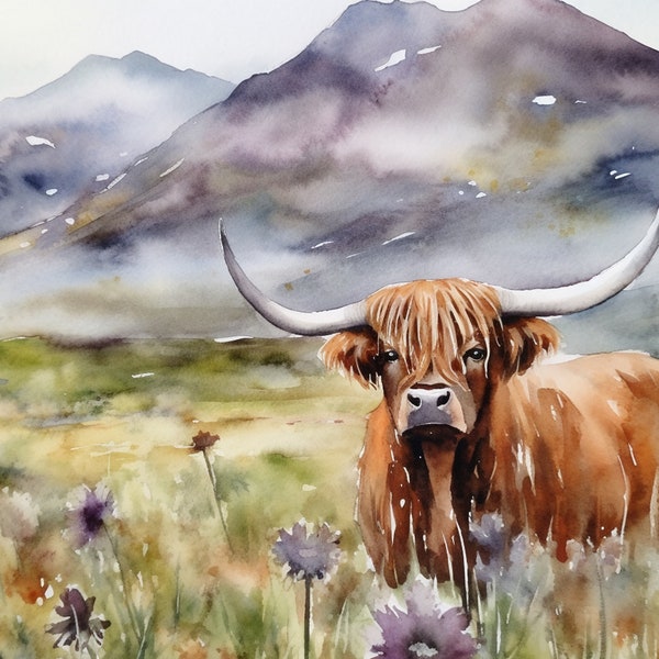 Highland Cow Watercolor Painting Isle of Skye Art Print Scotland Mountain Landscape Thistle Meadow Wall Art