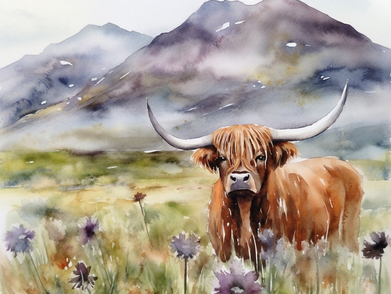 Highland Cow Watercolor Painting Isle of Skye Art Print Scotland Mountain Landscape Thistle Meadow Wall Art