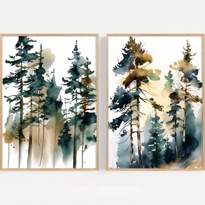Pine Trees Print 2er Set Misty Forest Aquarell neblige Landschaft Kunstdruck Bauernhaus Wandkunst Neutral Evergreen Poster