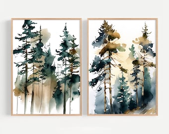 Pine Trees Print Set of 2 Misty Forest Watercolor Foggy Landscape Art Print Farmhouse Wall Art Neutral Evergreen Poster