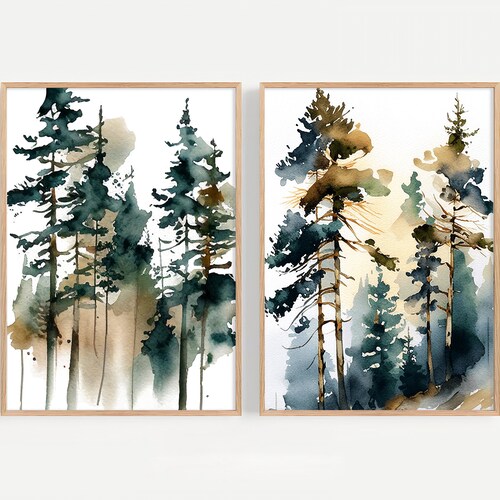 AatoeaX Canvas Print Wall Art Green Pine Trees With Snow Watercolor Winter Forest Scene Wilderness Illustrations Modern Art Colorful Living Room Bedroom 2