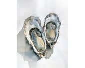 牡蠣の絵 2つの牡蠣の殻 水彩画 アートプリント 沿岸装飾 アースカラー