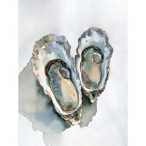 牡蠣の絵 2つの牡蠣の殻 水彩画 アートプリント 沿岸装飾 アースカラーの壁アート 貝殻アート
