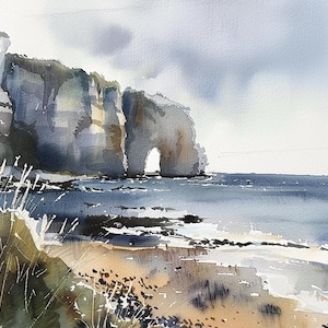 Normandía pintura Etretat acantilados acuarela arte impresión Francia paisaje costero pared arte viaje cartel playa pintura paisaje marino arte