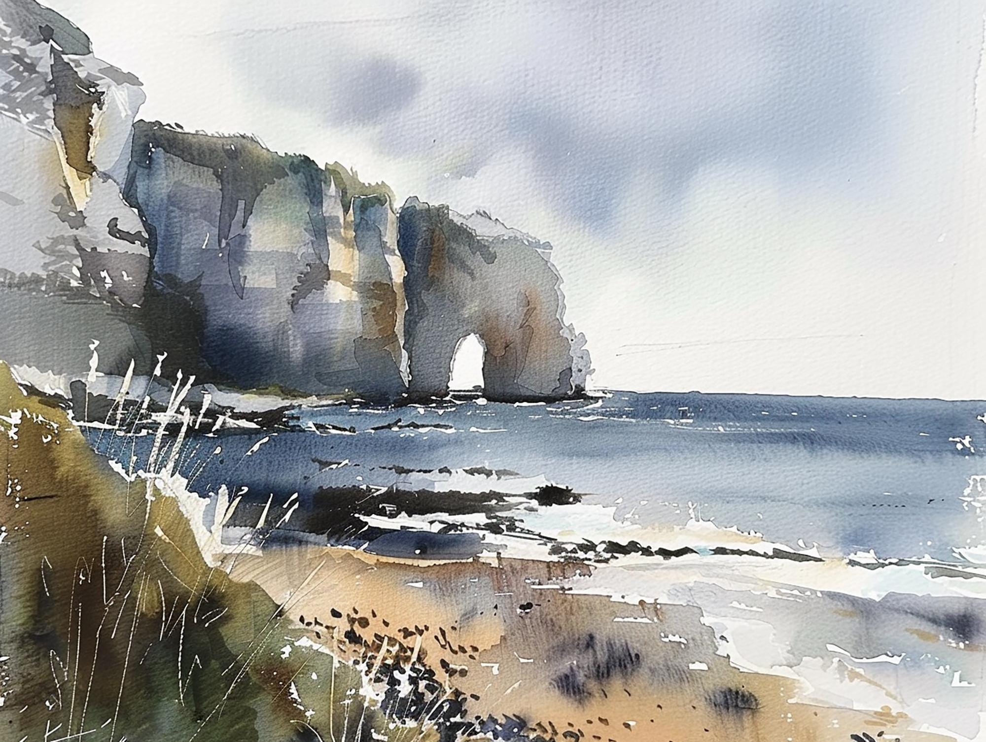 ノルマンディーの絵画 エトルタの崖 水彩画 アートプリント フランス