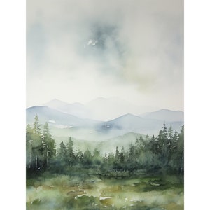 Adirondack Mountains Painting Green Meadow Trees Art Print Forest Landscape Watercolor Nature Wall Art