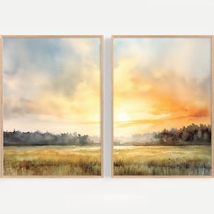 Texas Gemälde 2er-Set Wald und Feld Aquarell Kunstdrucke Abend Malerei Minimalistische Landschaft Sonnenuntergang Wandkunst