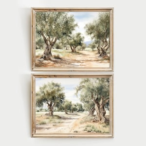 Olive Grove Set Of 2 Prints Panoramic Trees Landscape Wall Art Tuscany Watercolor Print Olive Tree Artwork
