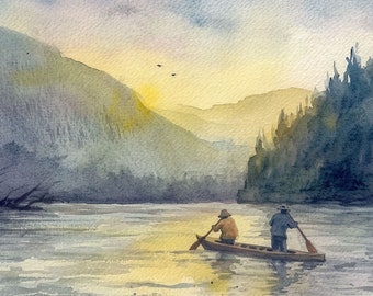 Peinture sur le fleuve Columbia, Lever du soleil de l'Oregon, impression d'art aquarelle, art mural pour pagayeurs, impression de paysage de rivière de montagne