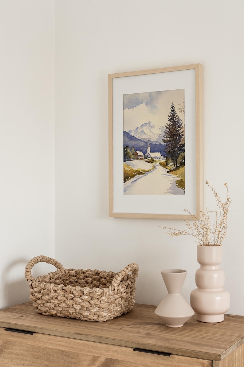 Stowe Painting Vermont Watercolor Art Print Winter Landscape Wall Art Snowy Road Art Snowfall Print