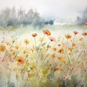 Palouse Painting Flowers Field Landscape Idaho Countryside Landscape Poppy Meadow Watercolor Rustic Home Decor
