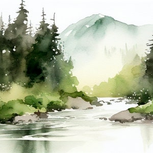 Rocky Mountains Painting Misty Forest Art Print From Original Watercolor Mountain River Landscape Pine Trees Wall Art
