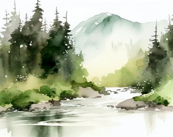 Rocky Mountains Painting Misty Forest Art Print From Original Watercolor Mountain River Landscape Pine Trees Wall Art