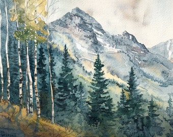 Aspen Painting Spring Bitch Watercolor Art Print Rocky Mountains Landscape Wall Art Pine Forest Print Colorado Art