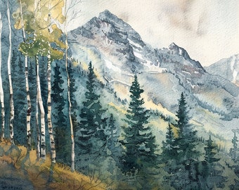 Aspen Painting Spring Birch Watercolor Art Print Rocky Mountains Landscape Wall Art Pine Forest Print Colorado Art